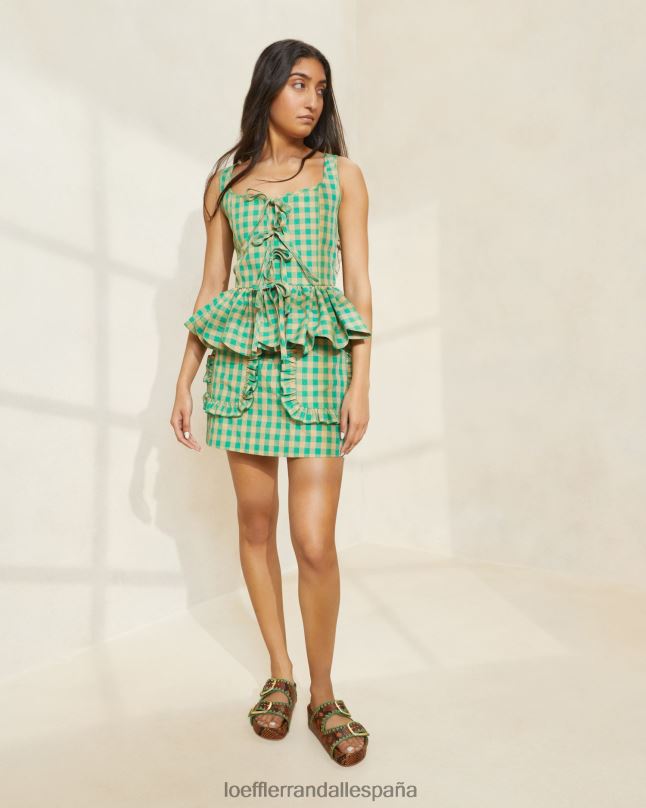 ropa 04282222 cuadros vichy verde/caramelo mujer Loeffler Randall falda con bolsillo y volantes eura