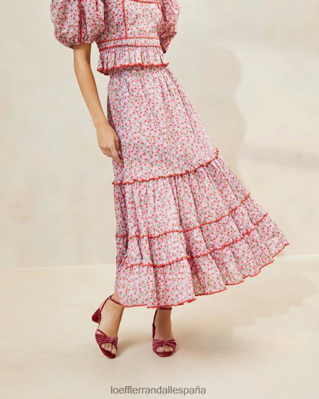 ropa 04282225 estampado de fresa mujer Loeffler Randall falda midi ellie color fresa con dobladillo festoneado