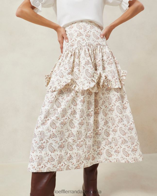 ropa 04282240 crema paisley floral mujer Loeffler Randall falda milo paisley con volantes festoneados