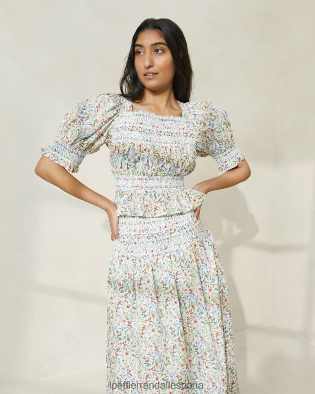 ropa 04282200 crema/trébol/amapola multifloral mujer Loeffler Randall nicola blusa ceñida con mangas abullonadas