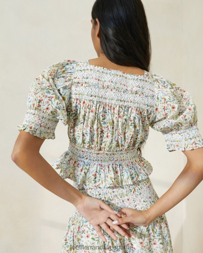 ropa 04282200 crema/trébol/amapola multifloral mujer Loeffler Randall nicola blusa ceñida con mangas abullonadas