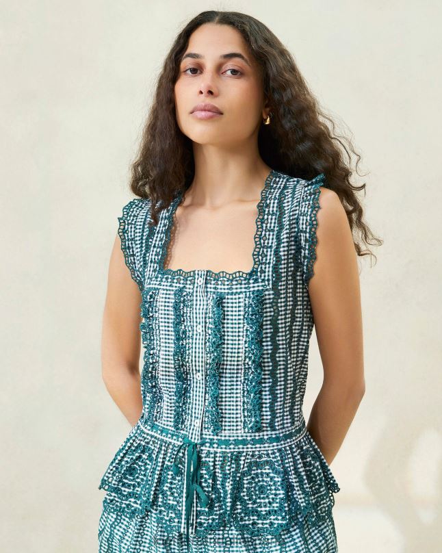 ropa 04282204 mini cuadros verdes mujer Loeffler Randall blusa festoneada arden