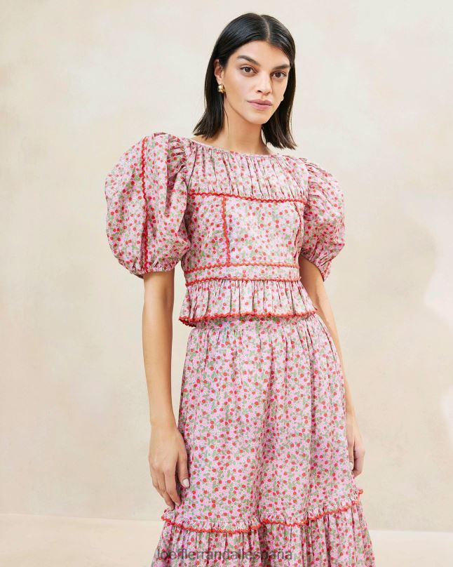 ropa 04282205 estampado de fresa mujer Loeffler Randall top con peplum y mangas abullonadas de fresa anna