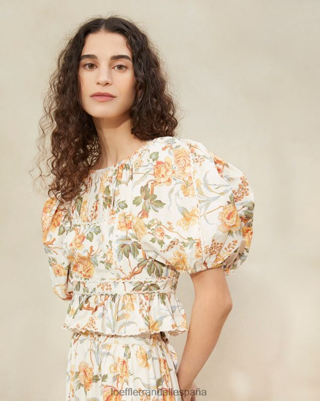 ropa 04282206 crema botánico floral mujer Loeffler Randall top anna con peplum y mangas abullonadas
