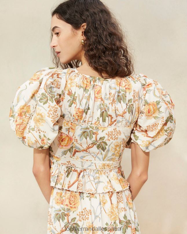 ropa 04282206 crema botánico floral mujer Loeffler Randall top anna con peplum y mangas abullonadas