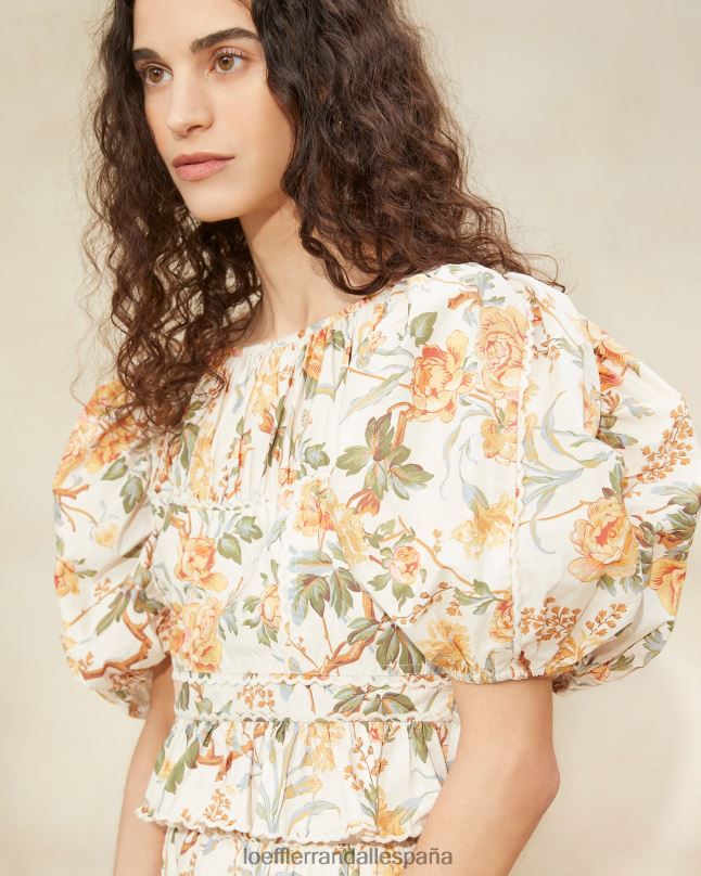 ropa 04282206 crema botánico floral mujer Loeffler Randall top anna con peplum y mangas abullonadas