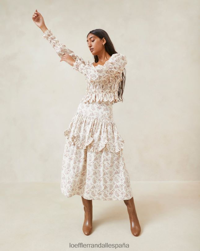ropa 04282239 crema paisley floral mujer Loeffler Randall top misha paisley con volantes ondulados