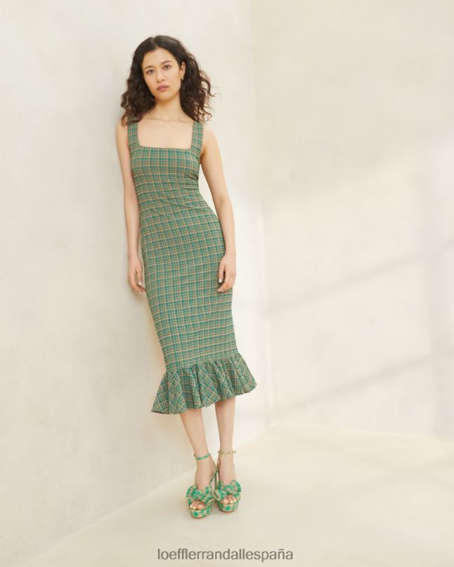 ropa 04282188 cuadros verdes/caramelo mujer Loeffler Randall yessica vestido sin mangas con volantes en el dobladillo