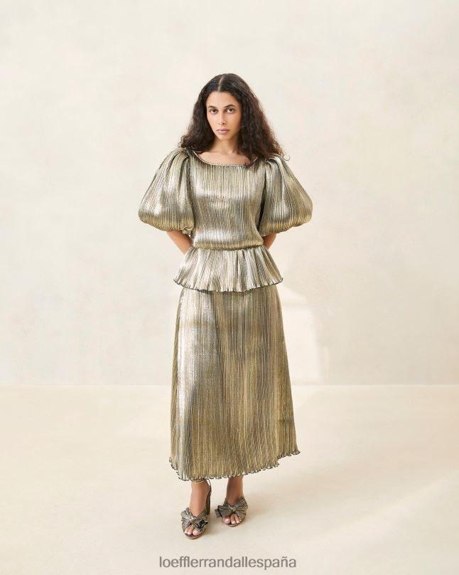 ropa 04282194 oro oscuro mujer Loeffler Randall vestido plisado dorit con mangas abullonadas