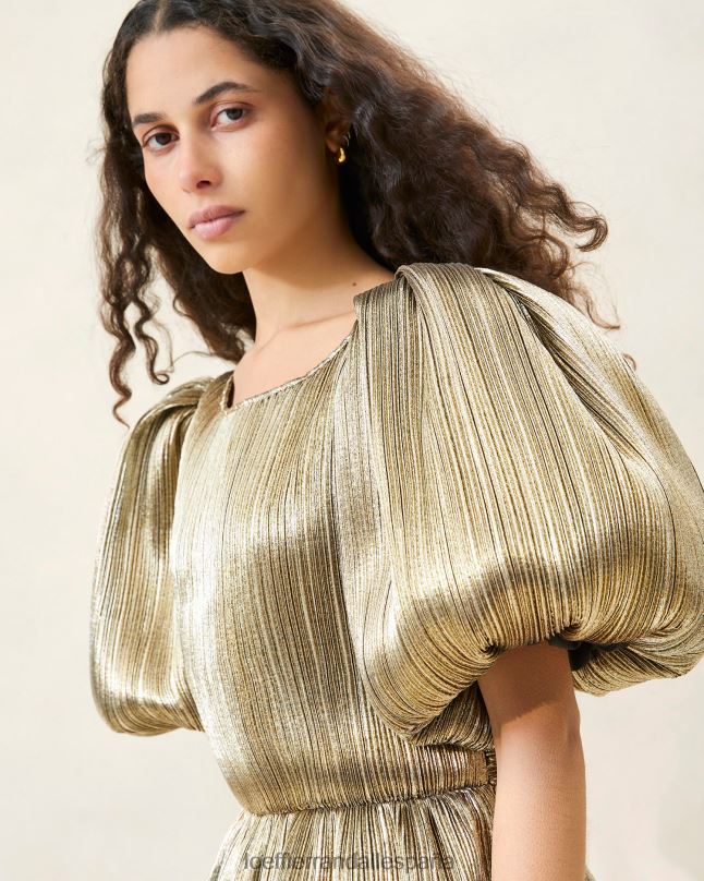 ropa 04282194 oro oscuro mujer Loeffler Randall vestido plisado dorit con mangas abullonadas