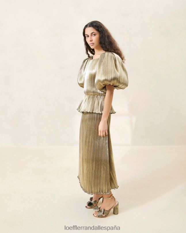 ropa 04282194 oro oscuro mujer Loeffler Randall vestido plisado dorit con mangas abullonadas